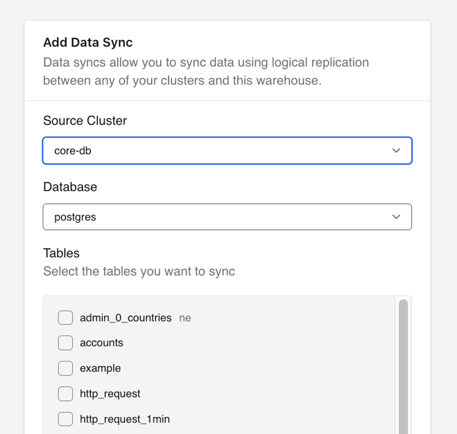 Postgres to Iceberg replication screen